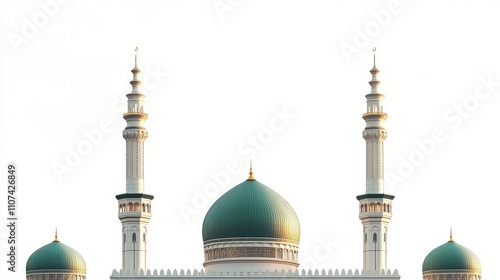 Photograph of the green dome and minarets of the Grand Mosque against a white sky background photo