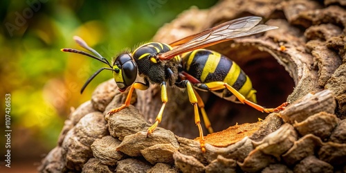 Black and yellow mud dauber wasps showcase fascinating nesting behavior, constructing intricate nests from mud. Close-up photography captures their intricate details and natural beauty. photo