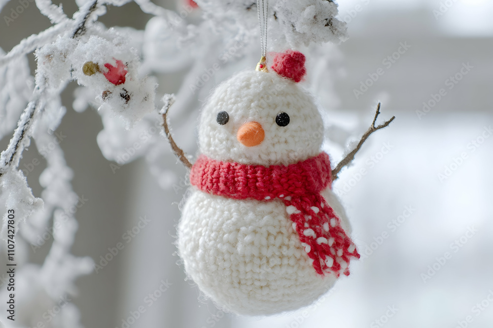 Obraz premium A cheerful knitted snowman hangs from a snowy branch, capturing winter\'s festive spirit