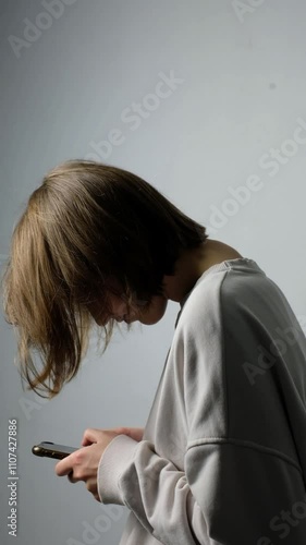 Young woman hunched over phone.
