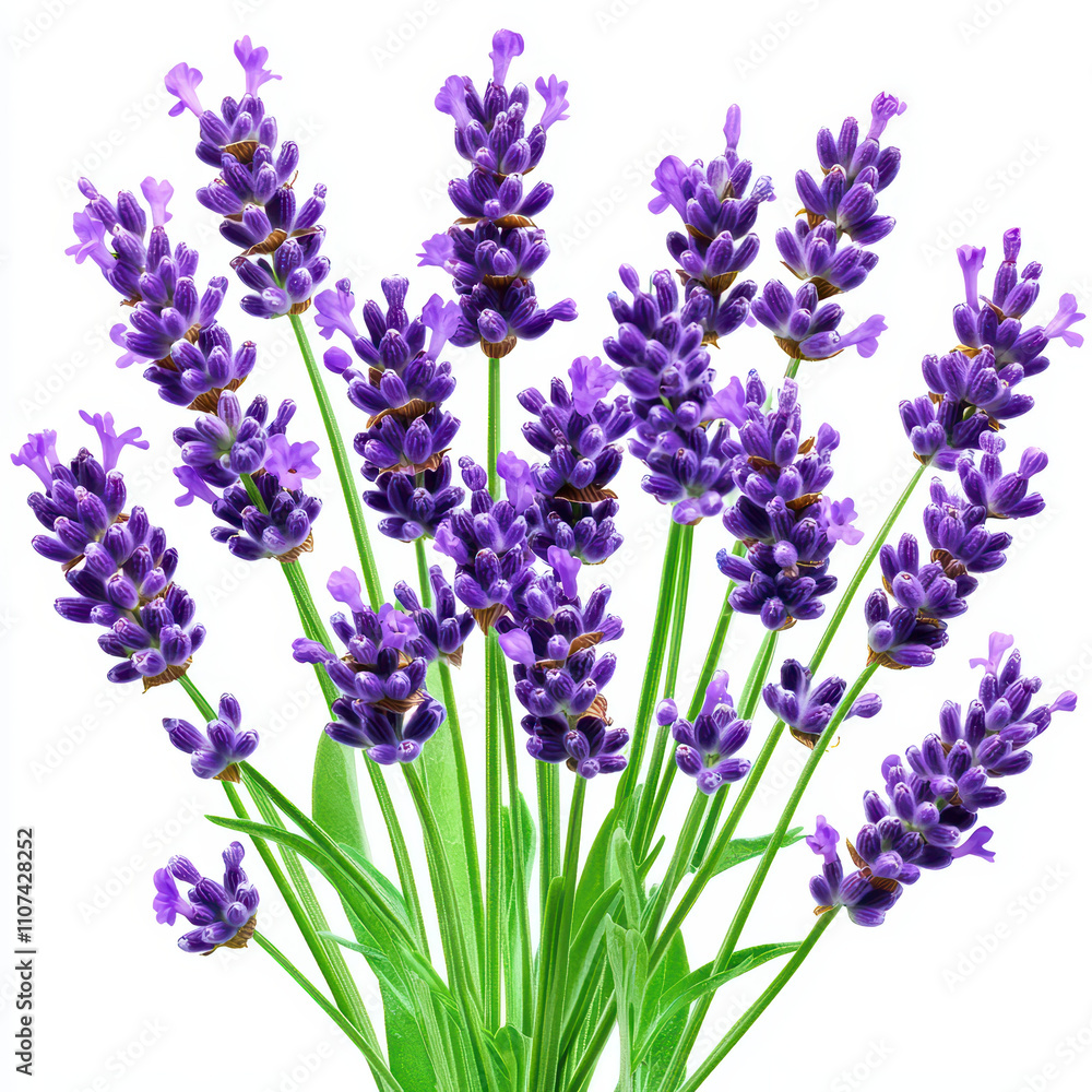 Fototapeta premium Lavender flowers with vibrant purple petals and green leaves create stunning visual on white background, evoking sense of calm and tranquility