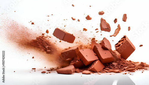 Flying pieces and powder of broken red brick