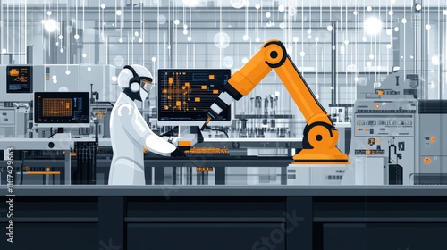 Scientists use robotic arms and advanced computers to analyze data in the lab. A minimalist background that focuses on technology. photo