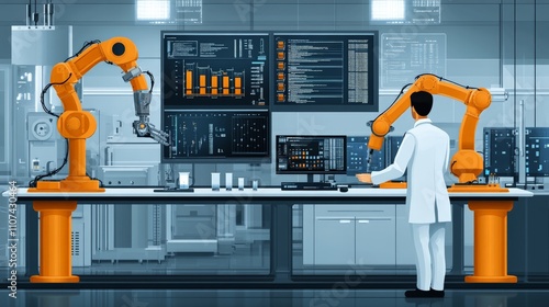 Scientists use robotic arms and advanced computers to analyze data in the lab. A minimalist background that focuses on technology. photo