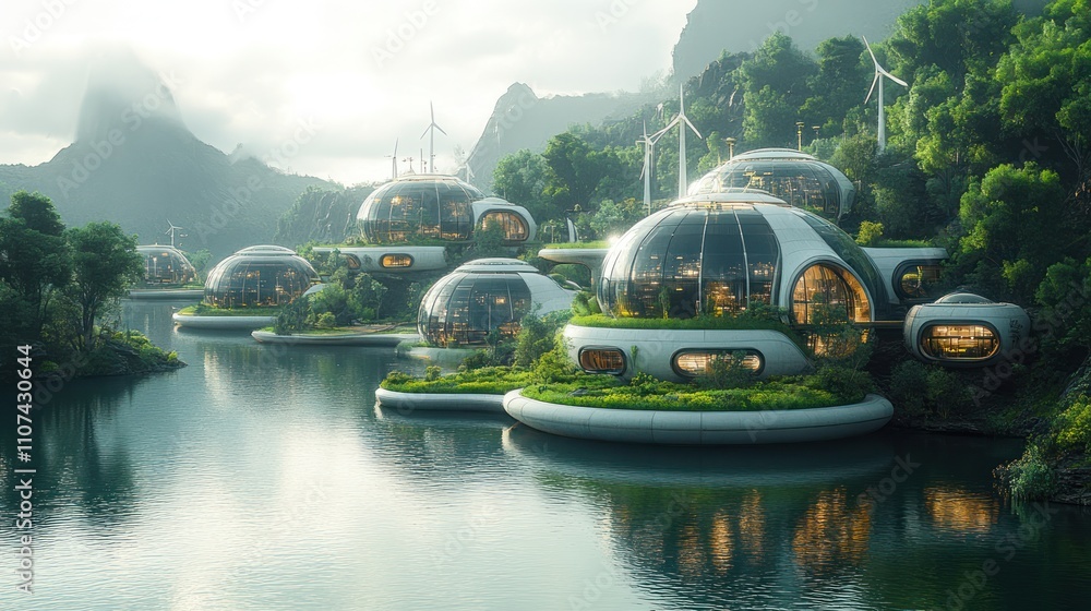Fototapeta premium Futuristic eco-village on a serene lake nestled in a lush green mountain valley with wind turbines.