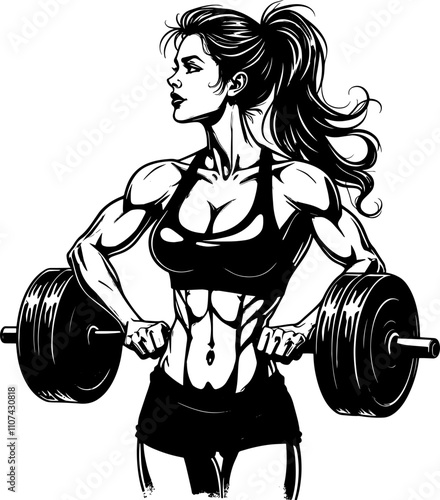 Fitness woman with barbell, vector illustration
