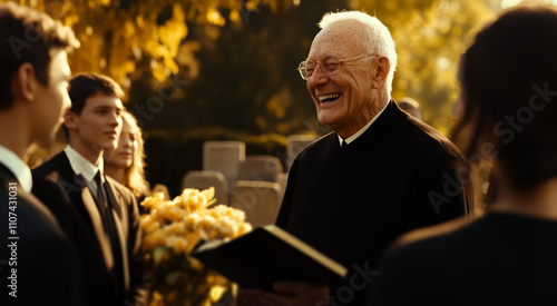 A wide shot of a funeral scene on a bright, sunny day. An elderly pastor, around 60 years old with a gentle, grandfatherly face, stands in front of the gathering, laughing heartily, eyes crinkling wit photo