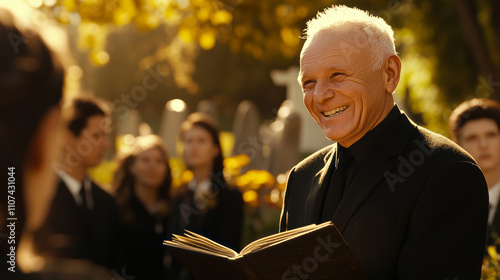 A wide shot of a funeral scene on a bright, sunny day. An elderly pastor, around 60 years old with a gentle, grandfatherly face, stands in front of the gathering, laughing heartily, eyes crinkling wit photo