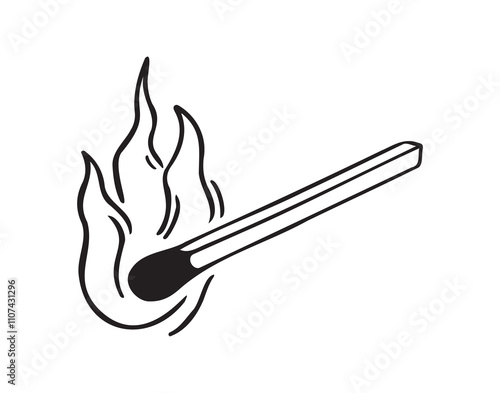 Burning match hand drawn doodle icon, simple line match drawing sketch, design outline element.