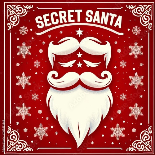 Secret Santa flyer with white beard and snowflakes on red background. Illustration, social media post