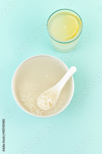 Rice-Zempic for lossing weight on blue background photo