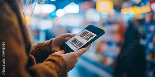 Hands Holding Smartphone with Barcode in Vibrant City photo