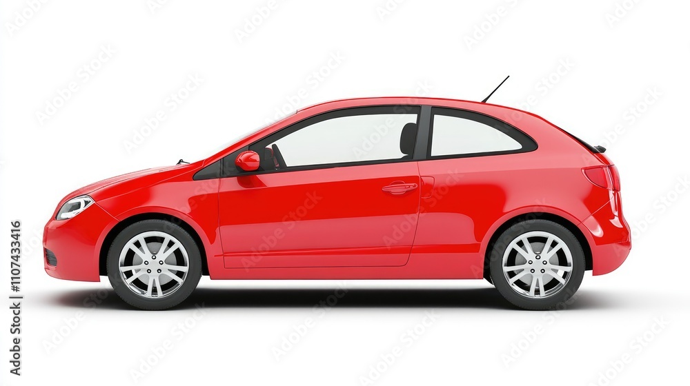 Naklejka premium A side view of a red compact car, showcasing its sleek design and modern features.