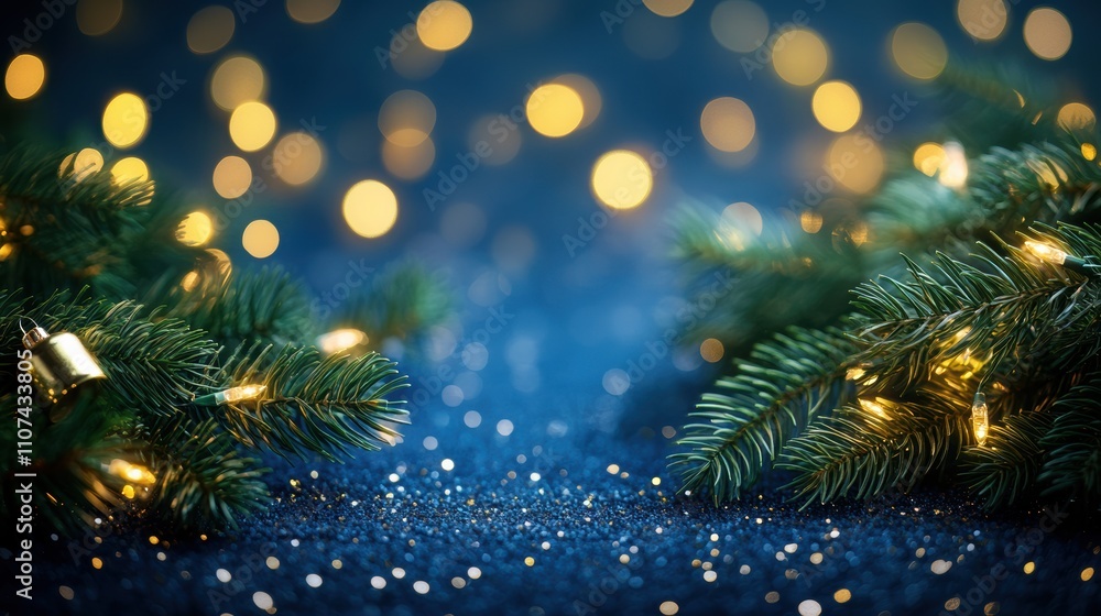 Christmas garland with bokeh lights on dark blue background Christmas garland with bokeh lights on dark blue background