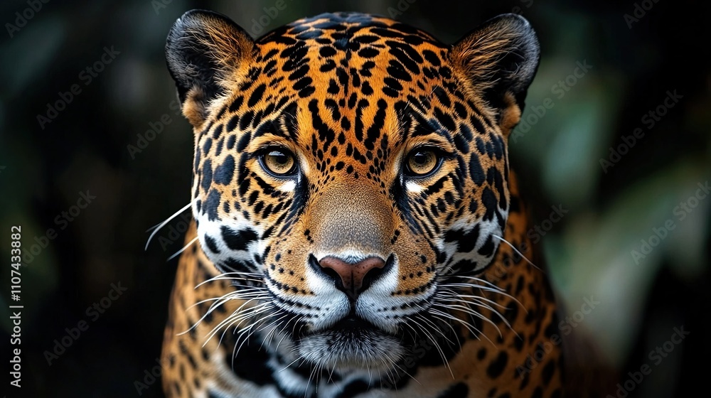 Obraz premium A close-up of a jaguar showcasing its striking fur patterns and intense gaze.