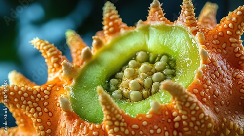 Close-up of a halved kiwano melon revealing its vibrant green flesh and seeds. photo