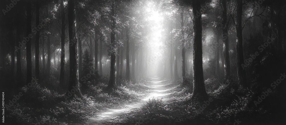 Fototapeta premium Mystical forest path, light shining through trees.