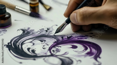 A person writing calligraphy with an ink pen on paper, creating elegant and intricate designs