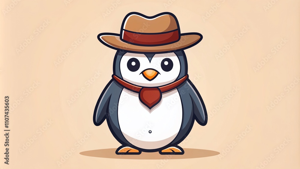 Fototapeta premium Charming minimalist cowboy penguin vector mascot for creative branding, featuring a fun penguin with a cowboy hat and understated background elements, perfect for various projects and designs.