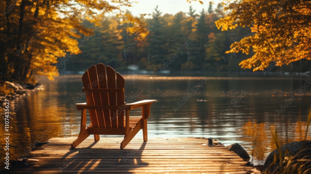 Fototapeta premium Adirondack chair on boat dock at calm lake in soft sunlight