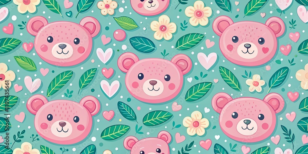 Obraz premium Charming pastel bear faces interspersed with whimsical hearts and leaves form a delightful seamless pattern, ideal for urban exploration and creative projects.