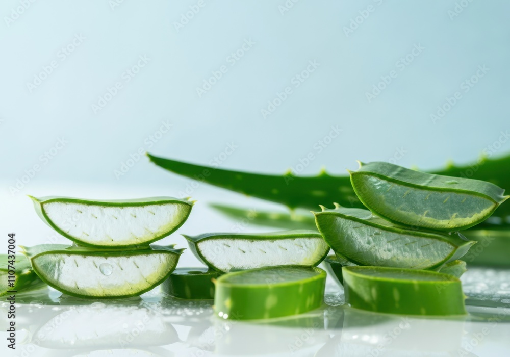 custom made wallpaper toronto digitalSlices of the aloe vera plant, known for its medicinal and cosmetic properties, are arranged on a reflective surface with whole leaves in the background