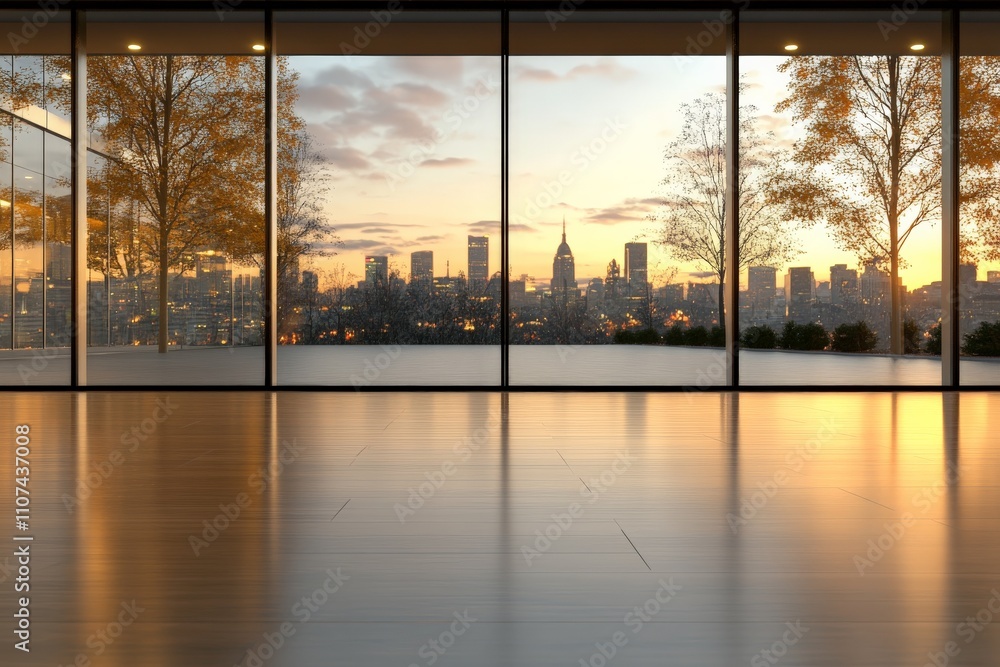 Fototapeta premium This striking image captures a contemporary interior with large glass windows overlooking a stunning cityscape at sunset, blending urban life with modern elegance.