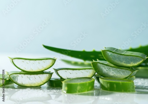 Wallpaper Mural Slices of the aloe vera plant, known for its medicinal and cosmetic properties, are arranged on a reflective surface with whole leaves in the background Torontodigital.ca