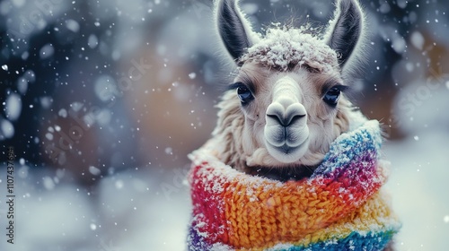 Llama in colorful sweater in snow