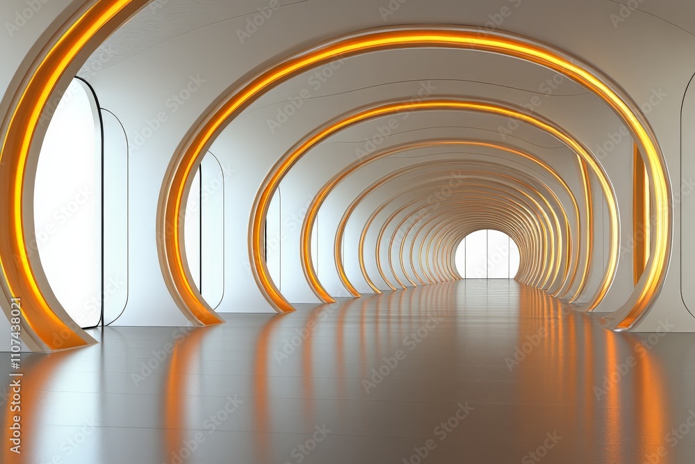Obraz premium An impressive corridor characterized by smooth curves and a radiant orange glow, creating an inviting and futuristic atmosphere while emphasizing modern architectural design.