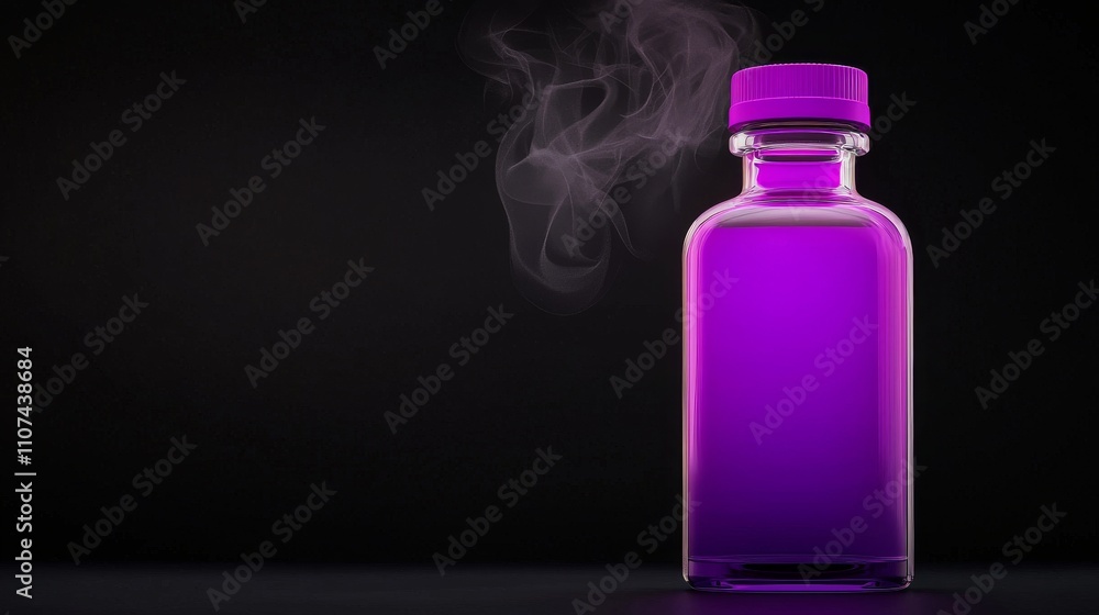 Purple liquid in a glass bottle with smoke against a dark background. Purple liquid in a glass bottle with smoke against a dark background.