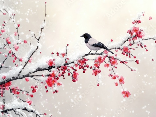 Black bird on snowy tree branch