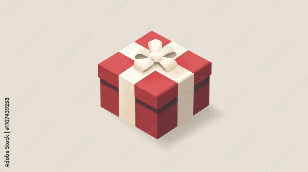 Fototapeta premium Flat design red gift box with white ribbon on gray background