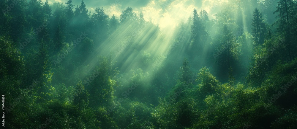 Fototapeta premium Sunbeams piercing through a misty, green forest.