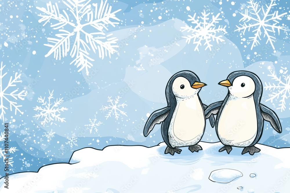 Obraz premium Two cheerful penguins stand together on an iceberg amidst falling snowflakes in a serene winter environment. Generative AI