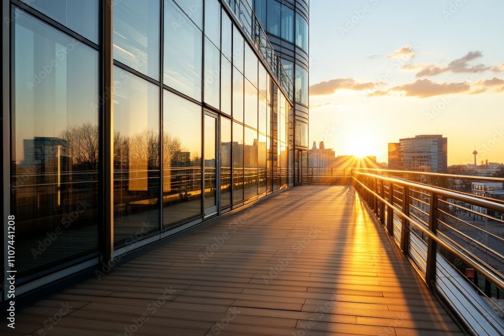 Fototapeta premium A stunning view of a modern building reflecting the vibrant colors of a sunset, highlighting the interplay between architecture and natural beauty in urban spaces.