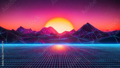 Retro Futuristic Sunset Landscape with Neon Grid and Digital Mountain Range photo