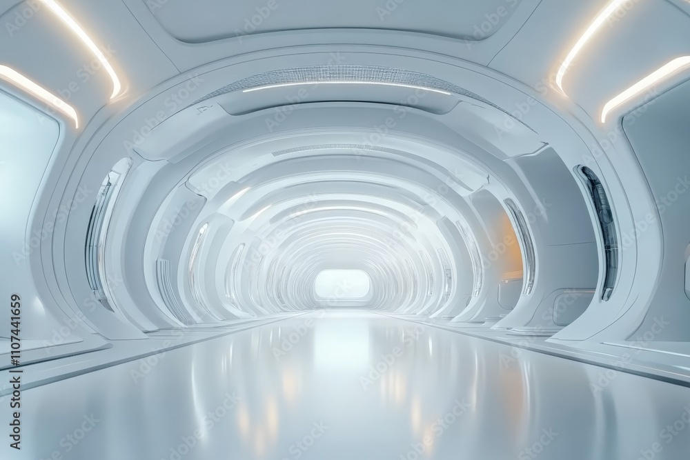 Fototapeta premium The image shows a sleek white tunnel showcasing soft lighting effects, creating a serene feeling while inviting viewers to explore its endless perspective.