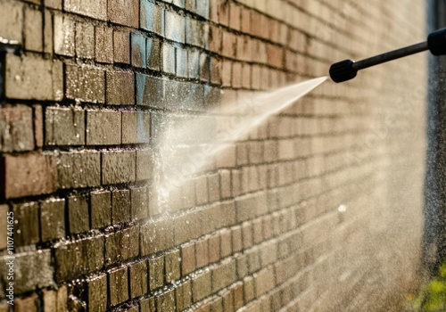 Pressure washing removes graffiti from a brick wall, restoring cleanliness and order to urban spaces photo