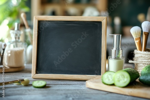 A wooden chalkboard surrounded by cucumbers and beauty tools, suggesting a spa or wellness theme.