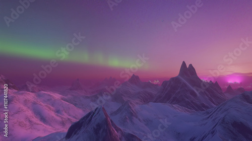 The winter atmosphere of the snow-covered mountains. At night with a beautiful green-pink light. photo