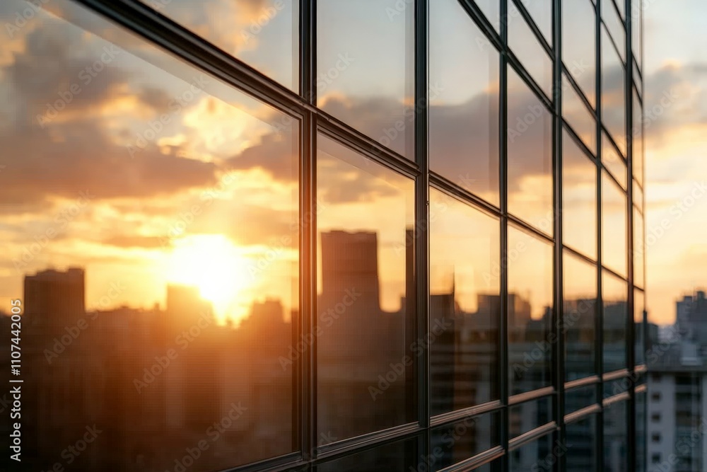 Fototapeta premium This image captures skyscrapers reflected in modern glass windows during sunset, illustrating the beauty of urban architecture and the dynamic interplay of light.