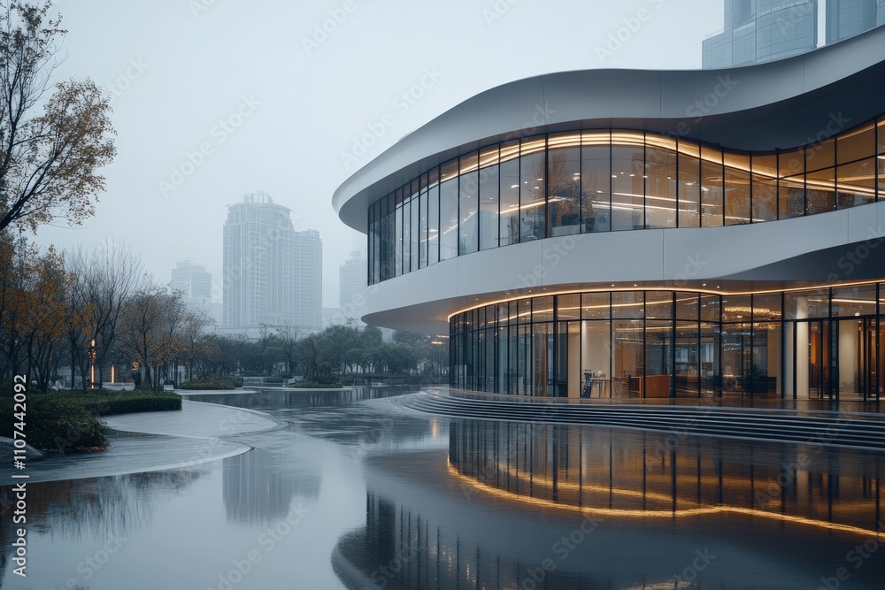Fototapeta premium This image showcases a sleek, modern architectural design surrounded by a reflective path after rain, enveloped in a misty atmosphere of a bustling city.
