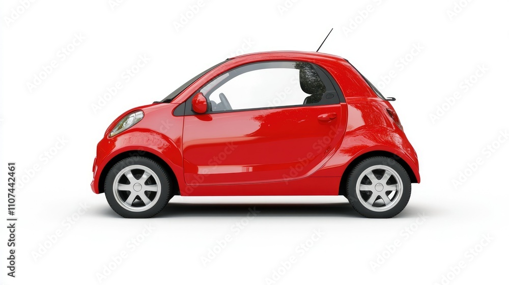 Obraz premium A small red car shown from the side, emphasizing its compact design and urban suitability.