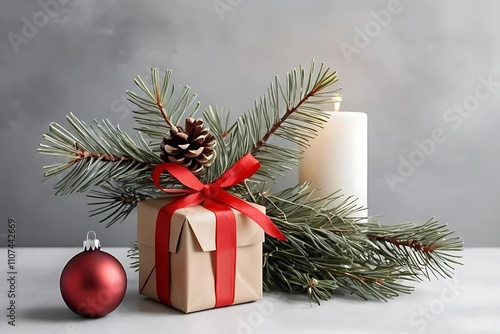 Wallpaper Mural A cozy Scandinavian Christmas scene captured from the side, featuring a beautifully wrapped gift, a classic red ornament, and a simple pine branch arranged in a sleek vase. This arrangement embodies t Torontodigital.ca