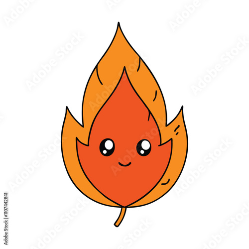 A vibrant vector illustration of a burning leaf on the ground, with flames flickering vividly and smoke rising, symbolizing environmental impact or seasonal change.