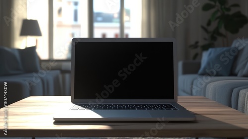 Wallpaper Mural Silver laptop on wooden coffee table in sunlit living room Torontodigital.ca