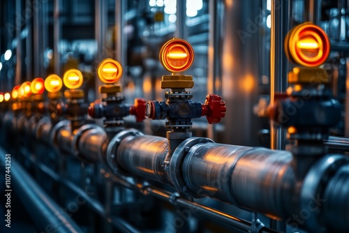 Wallpaper Mural Industrial Pipes with Pressure Gauges and Illuminated Indicators in a Modern Factory Environment Showcasing Machinery and Equipment Efficiency for Manufacturing Processes Torontodigital.ca