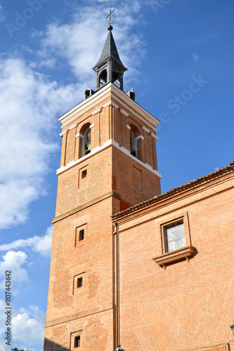Bell tower of San Salvador church in Leganes, Community of Madrid, Spain. Church of St Savior