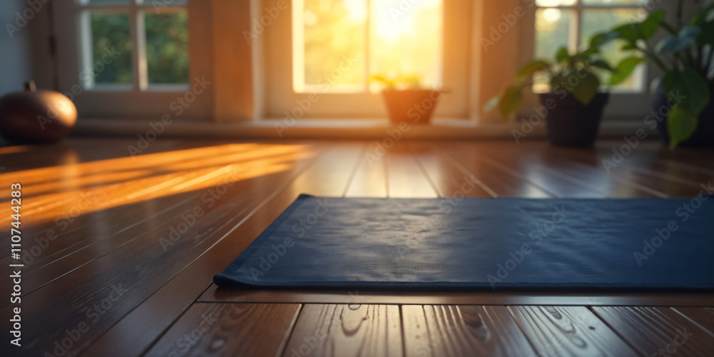 Fototapeta premium Yoga mat on the floor with shadows from window